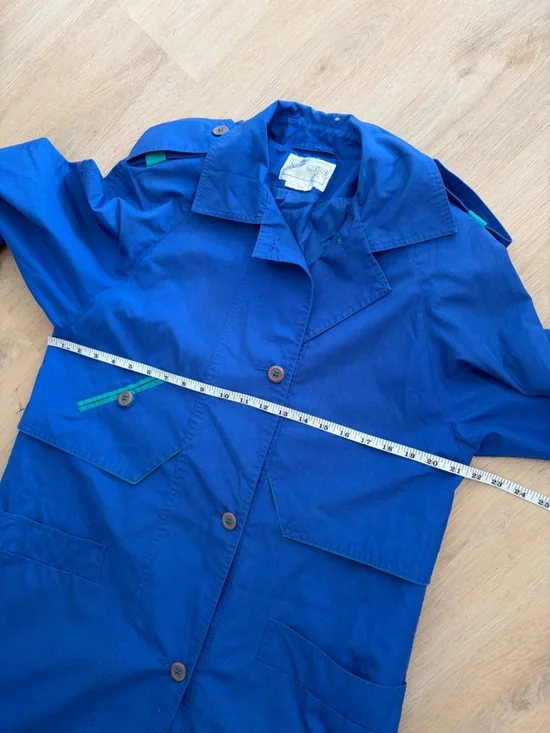 Vintage Bold Royal Blue Long Trench Coat with Green Accent Size Medium - Picture 9 of 11